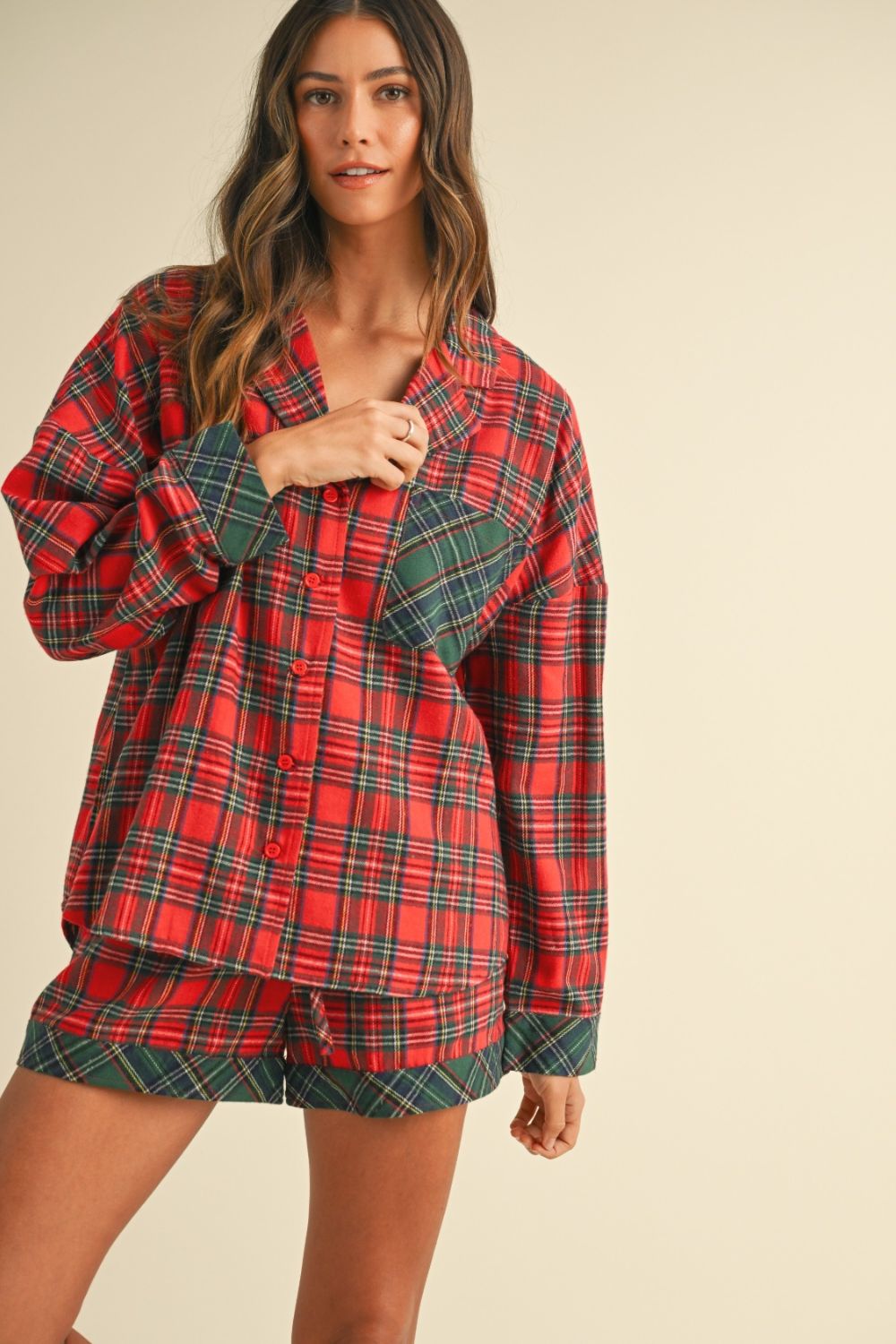 Blue Zone Planet | Annie Wear Contrast Plaid Long Sleeve Top And Shorts Pajama Set