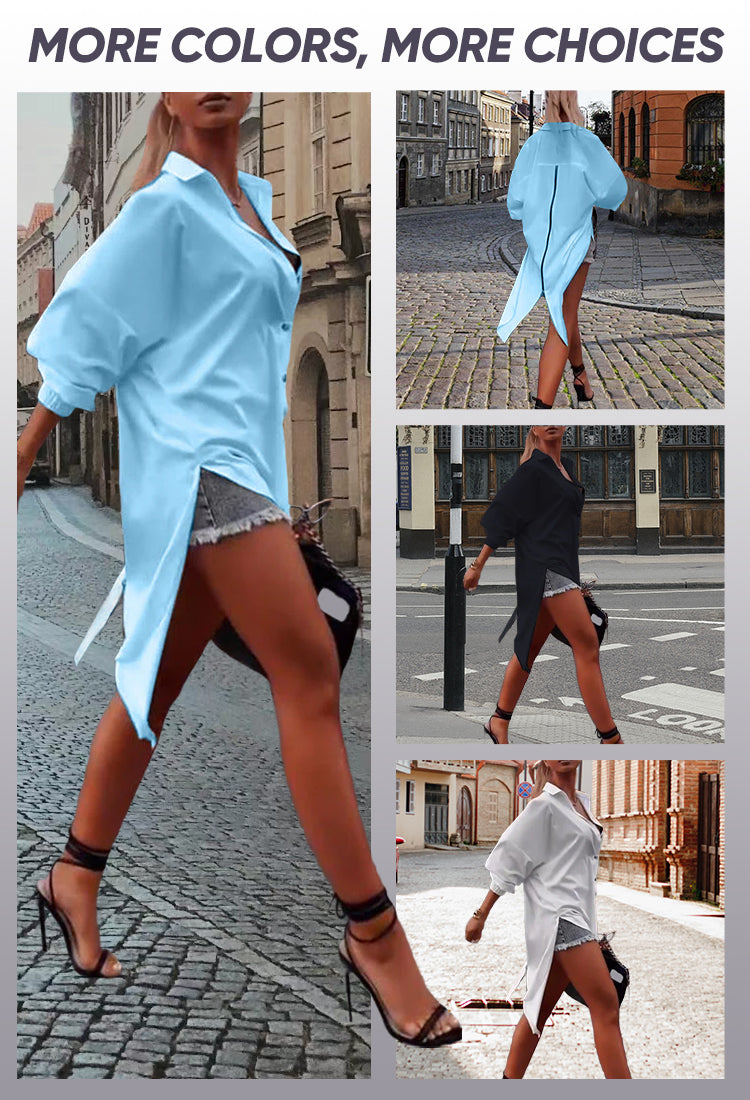 Solid color lapel slit casual shirt