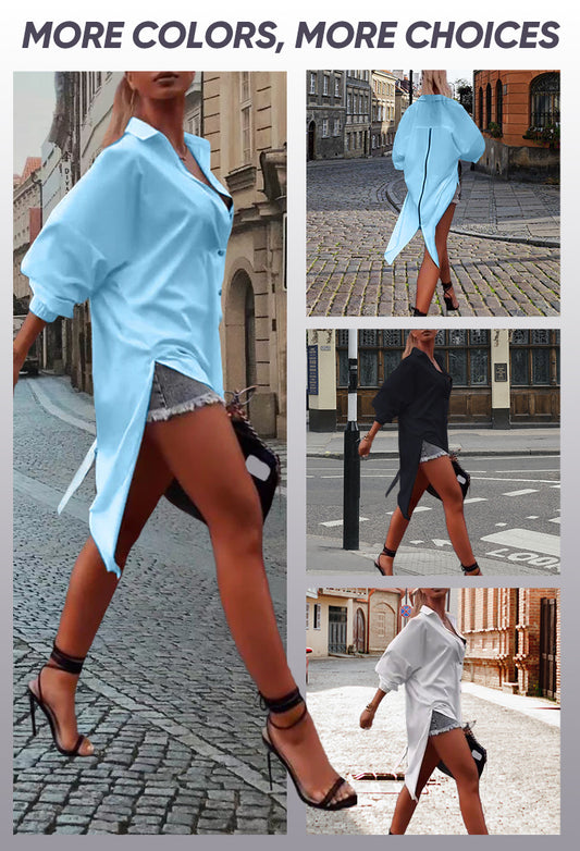 Solid color lapel slit casual shirt