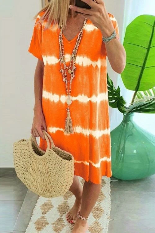 Rosiedress V Neck Short Sleeve Tie Dye Stripes T-shirt Dress Orange