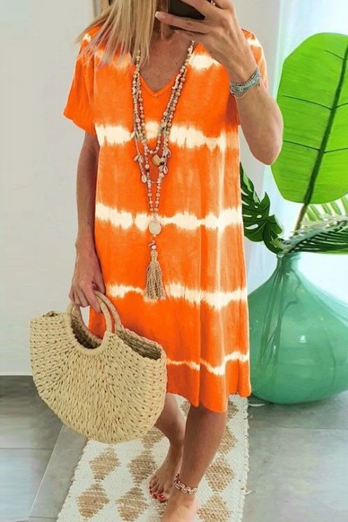 V Neck Short Sleeve Tie Dye Stripes T-shirt Dress Orange
