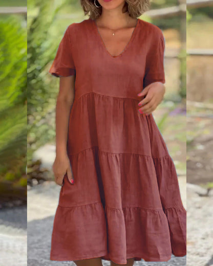 V-neck Solid Color A Line Dress