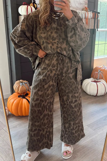 Leopard Print Long Sleeve Top and Pants Set