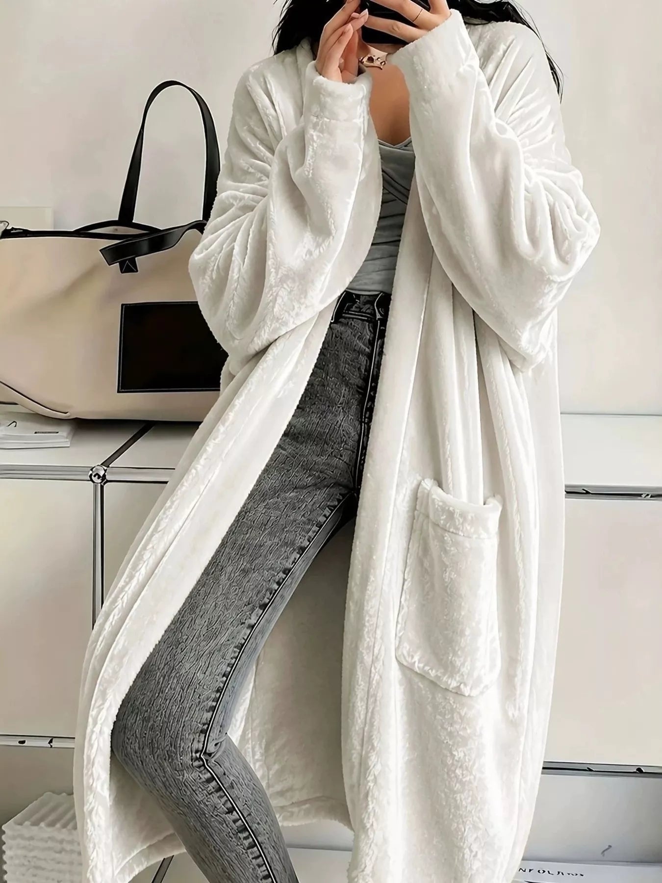Full Size Velvet Open-Front Longline Outerwear Plus Size