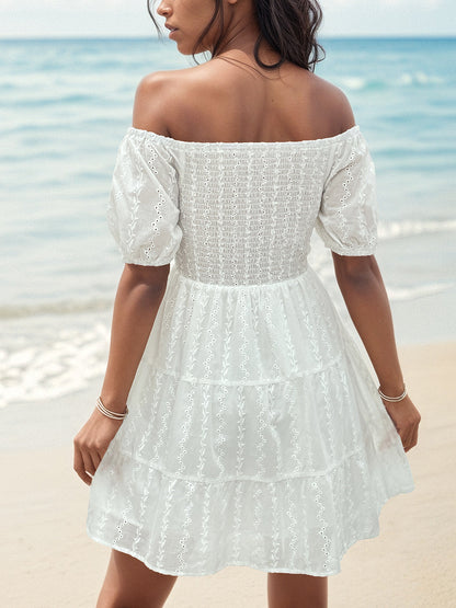 Blue Zone Planet | Smocked Eyelet Off-Shoulder Mini Dress
