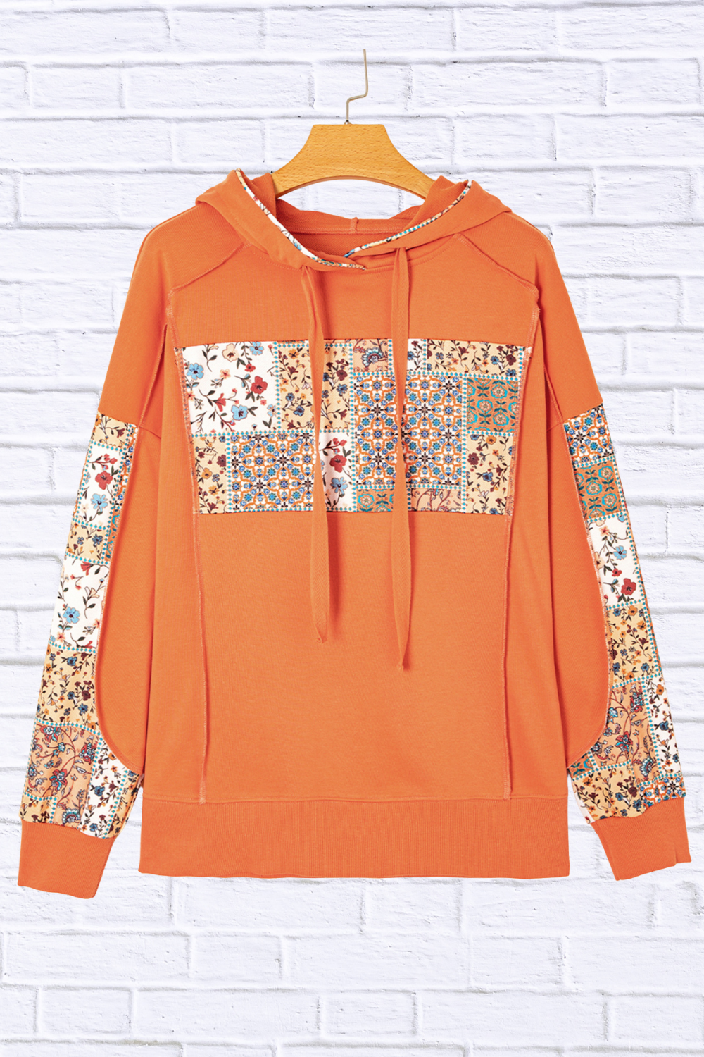 Floral Patchwork Hoodie with Drawstring