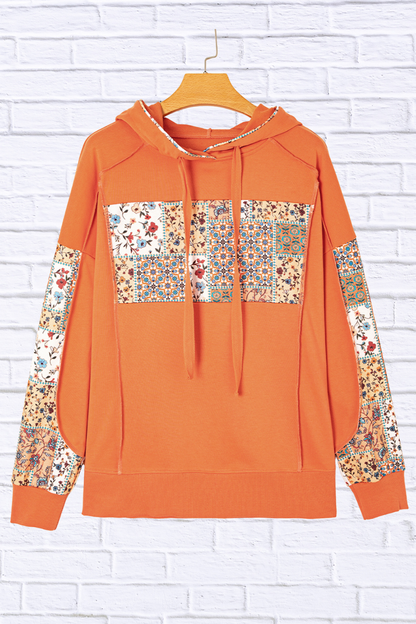 Floral Patchwork Hoodie with Drawstring