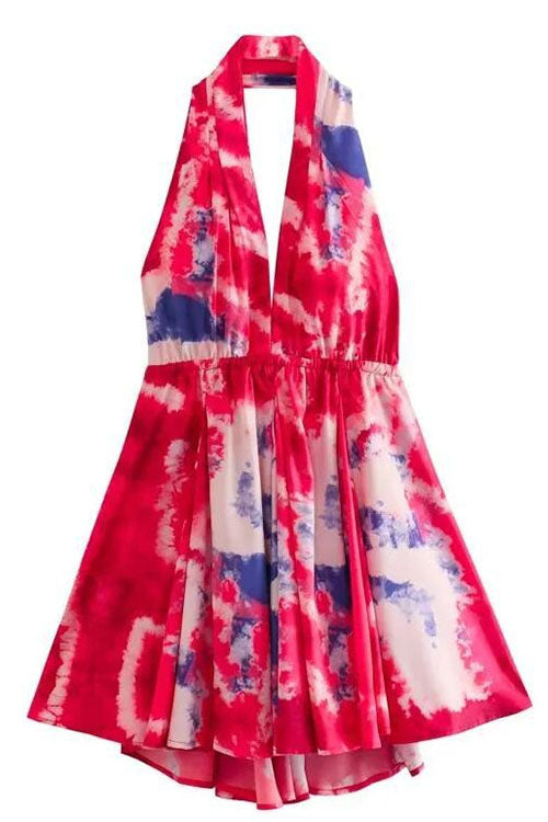Deep V Neck Halter Backless Printed Mini Vacation Dress HotPink