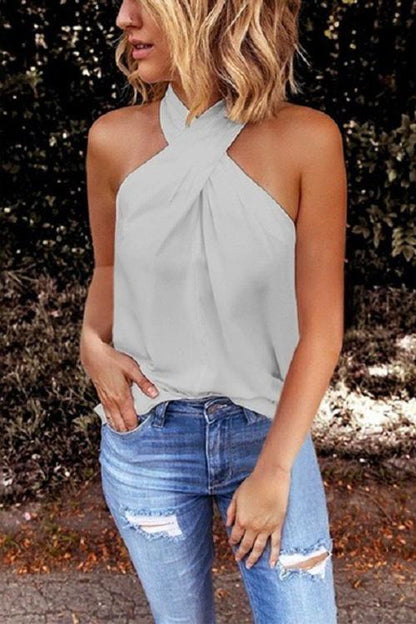 Solid Criss Cross Halter Tank Top Gray