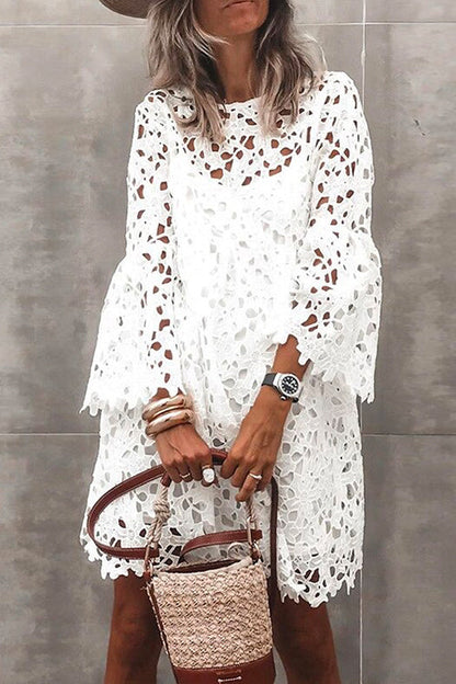Bell Sleeves Hollow Out Lace Dress with Slip White