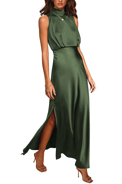 Rosiedress Sleeveless Mockneck Side Split Maxi Satin Dress ArmyGreen