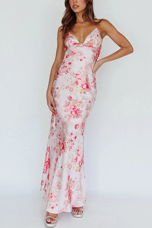 V Neck Open Back Floral Print Satin Maxi Cami Dress Pink