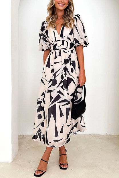 Rosiedress V Neck Half Sleeves Waisted Printed Maxi Swing Dress