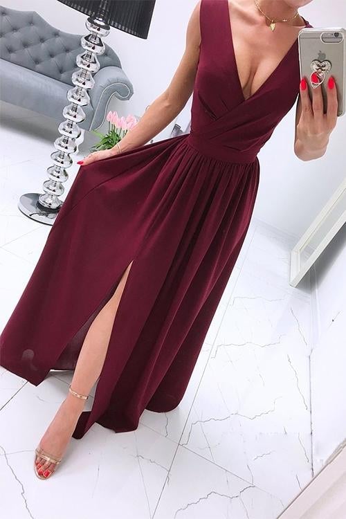 Deep V Neck Slit Ruched Sleeveless Party Dress Red