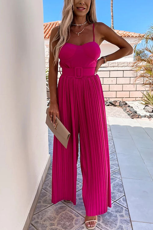 Rosiedress Spaghetti Strap Belted Pleated Wide Leg Jumpsuit