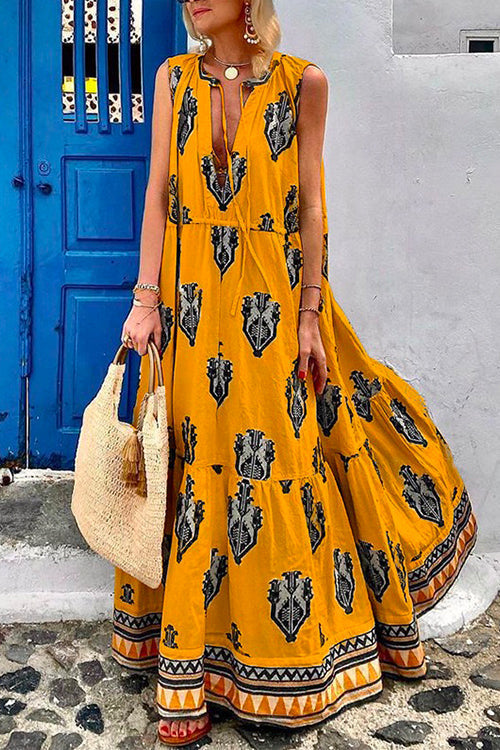 Tassle Deep V Neck Sleeveless Printed Maxi Swing Holiday Dress Yellow