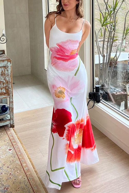 Rosiedress Spaghetti Strap Backless Floral Print Maxi Vacation Dress White