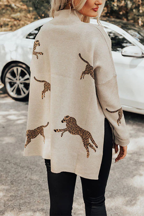 Rosiedress High Neck Side Slit Cheetah Pattern Sweater