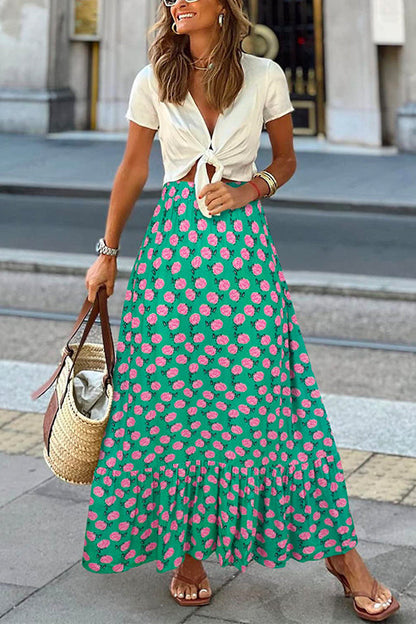 High Waist Printed Maxi Ruffle Swing Skirt DarkGreen