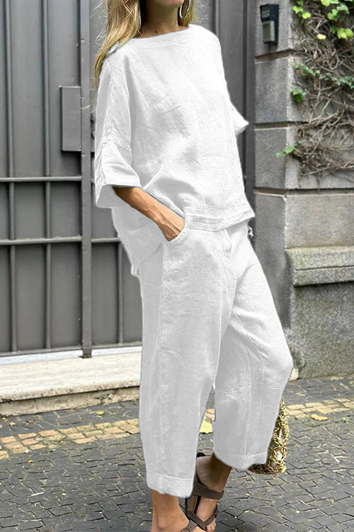 Cotton Linen Half Sleeves Pullover Top Wide Leg Tapered Pants Set White