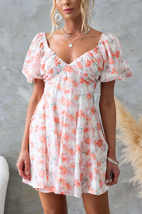 V Neck Puff Sleeves Backless Floral Print Mini Dress Pink