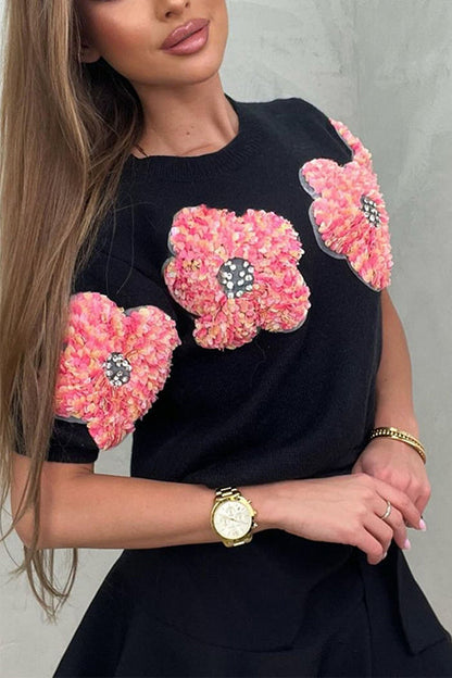 Rosiedress Crewneck Short Sleeves 3D Flower Sweater Top