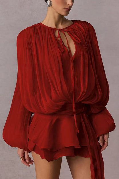 Lantern Long Sleeves Draped Ruffle Layered Mini Dress with Shorts