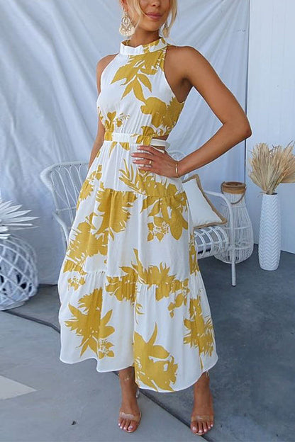 Sleeveless Cut Out Tie Back Printed Midi Dress Yellow