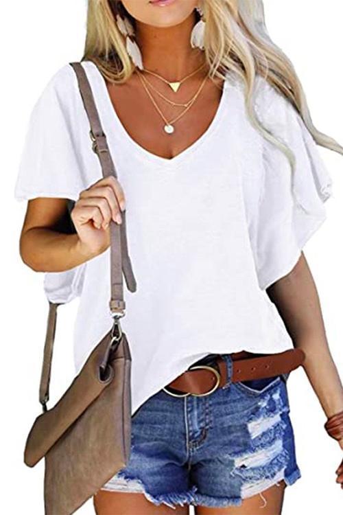 V Neck Flare Sleeve Summer T Shirt White