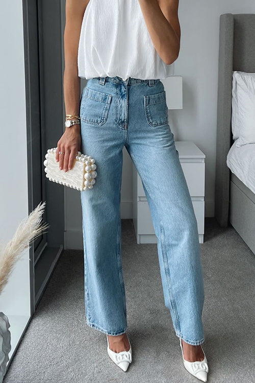 Distressed Straight Leg Pocketed Denim Pants