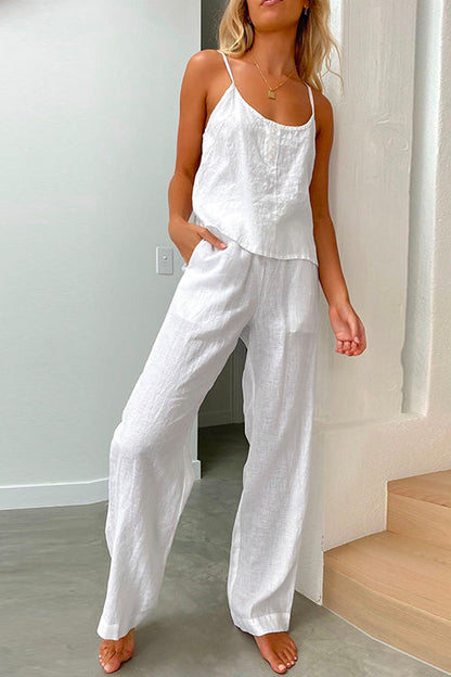 Cotton Linen Cami Top Wide Leg Pants Loungewear Set White