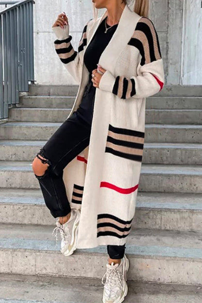 Open Front Color Block Striped Splice Long Sweater Cardigan Beige
