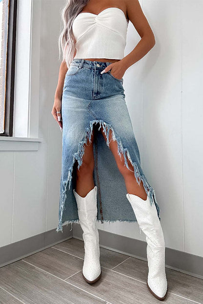 Frayed High Low Hem Distressed Maxi Skirt