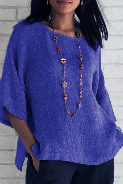 3/4 Sleeve Side Split Solid Cotton Linen Top Blue