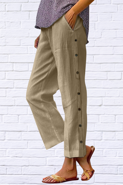 Full Size Side Decor Button Casual Wide Leg Pants Plus Size