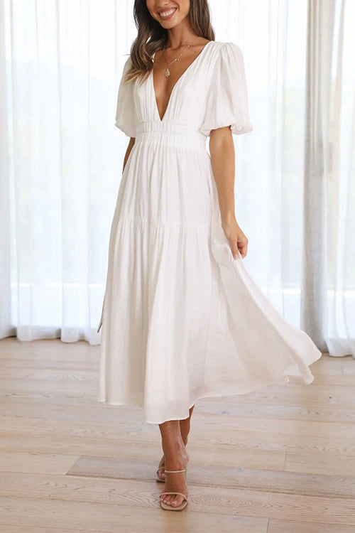 Rosiedress V Neck Lantern Sleeves Waisted Ruffle Maxi Dress White