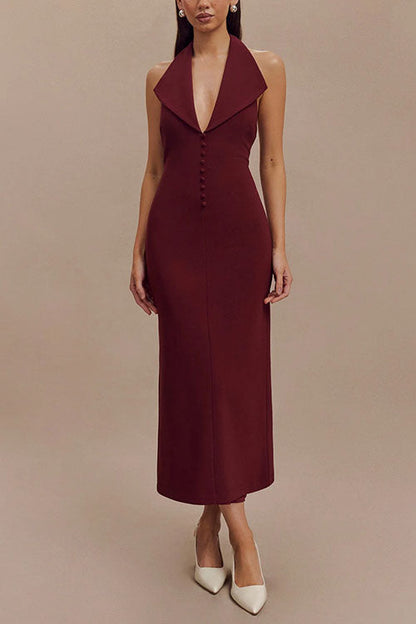 Neckholder-Midikleid mit V-Ausschnitt, rückenfrei, Knöpfen