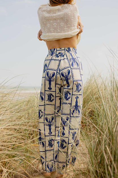 Elastic Waist Pocketed Wide Leg Crabe Print Pants