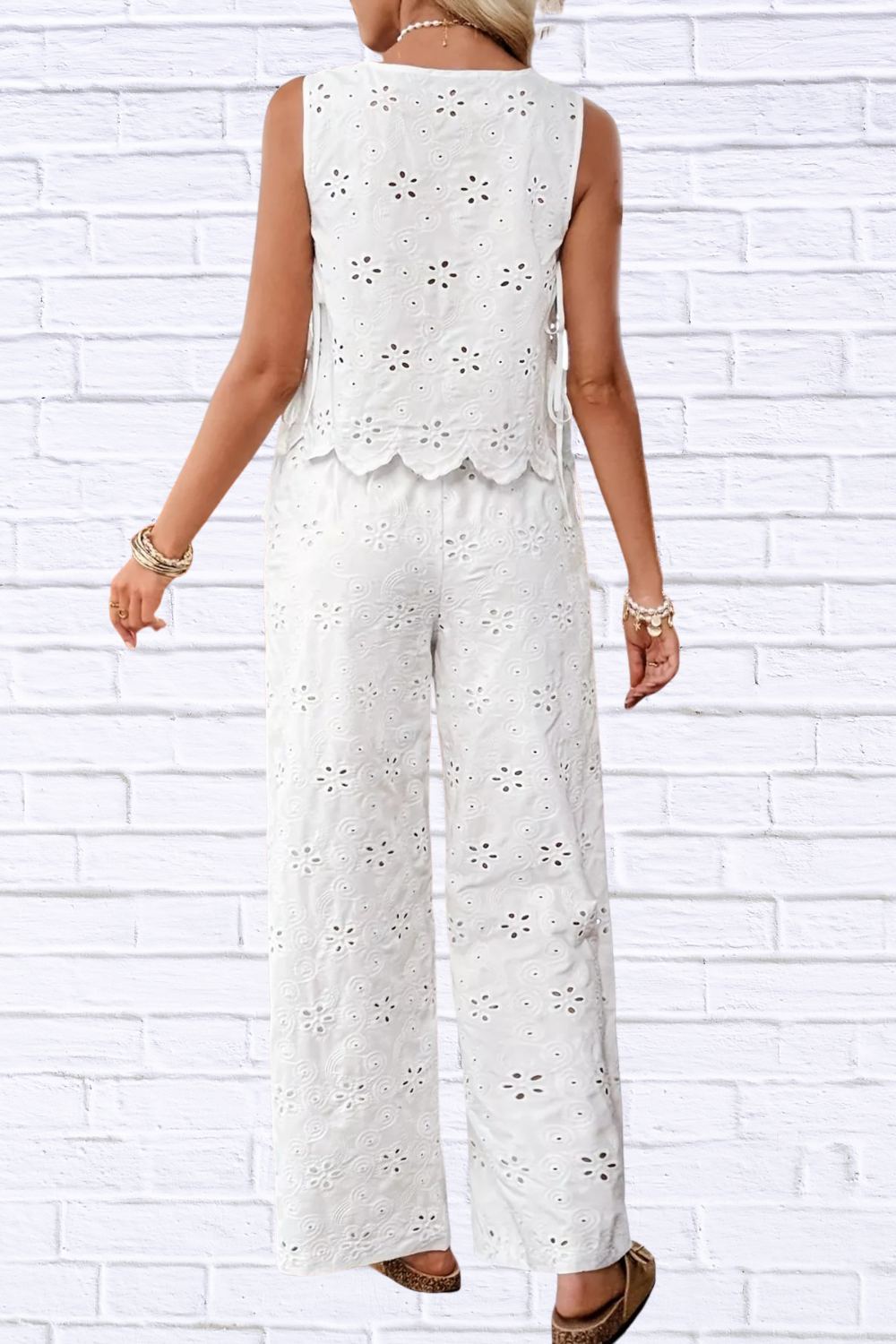 🤍 White Eyelet Embroidered Tank & Pants Two-Piece Set