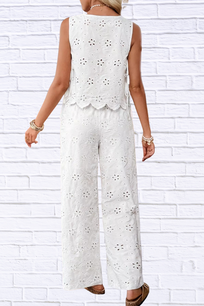 🤍 White Eyelet Embroidered Tank & Pants Two-Piece Set