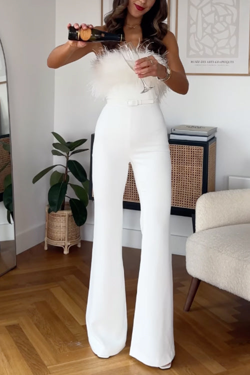 Rosiedress Strapless Feather Tube Top Flare Bottoms Jumpsuit