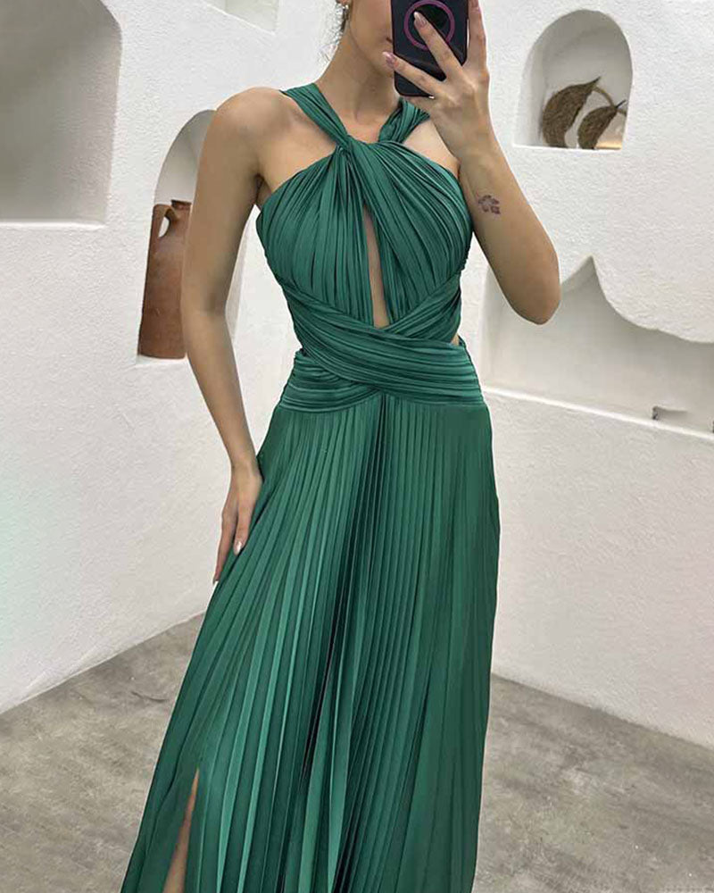 Party pleated halterneck slit dress