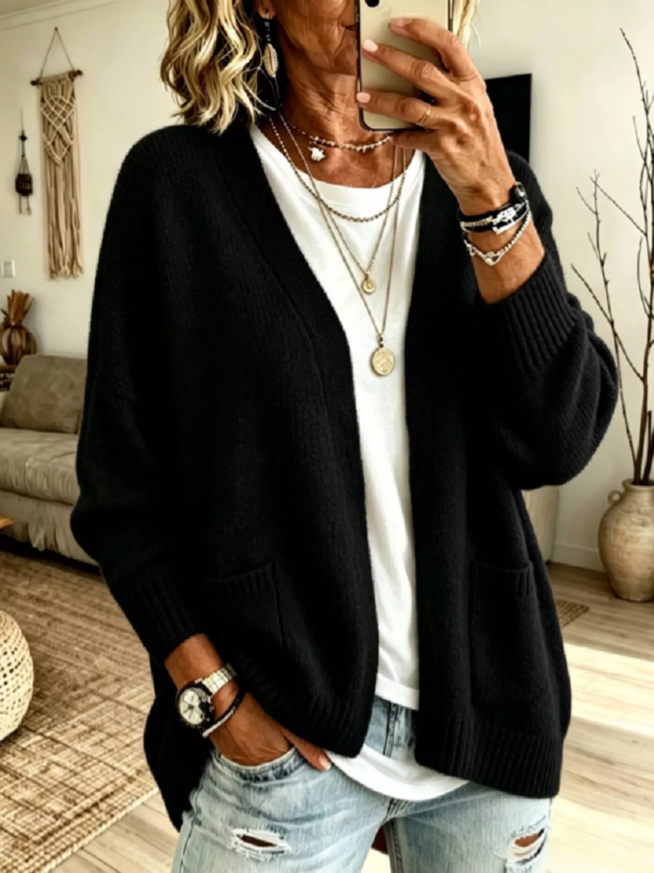 Open Front Knit Cardigan with Pockets