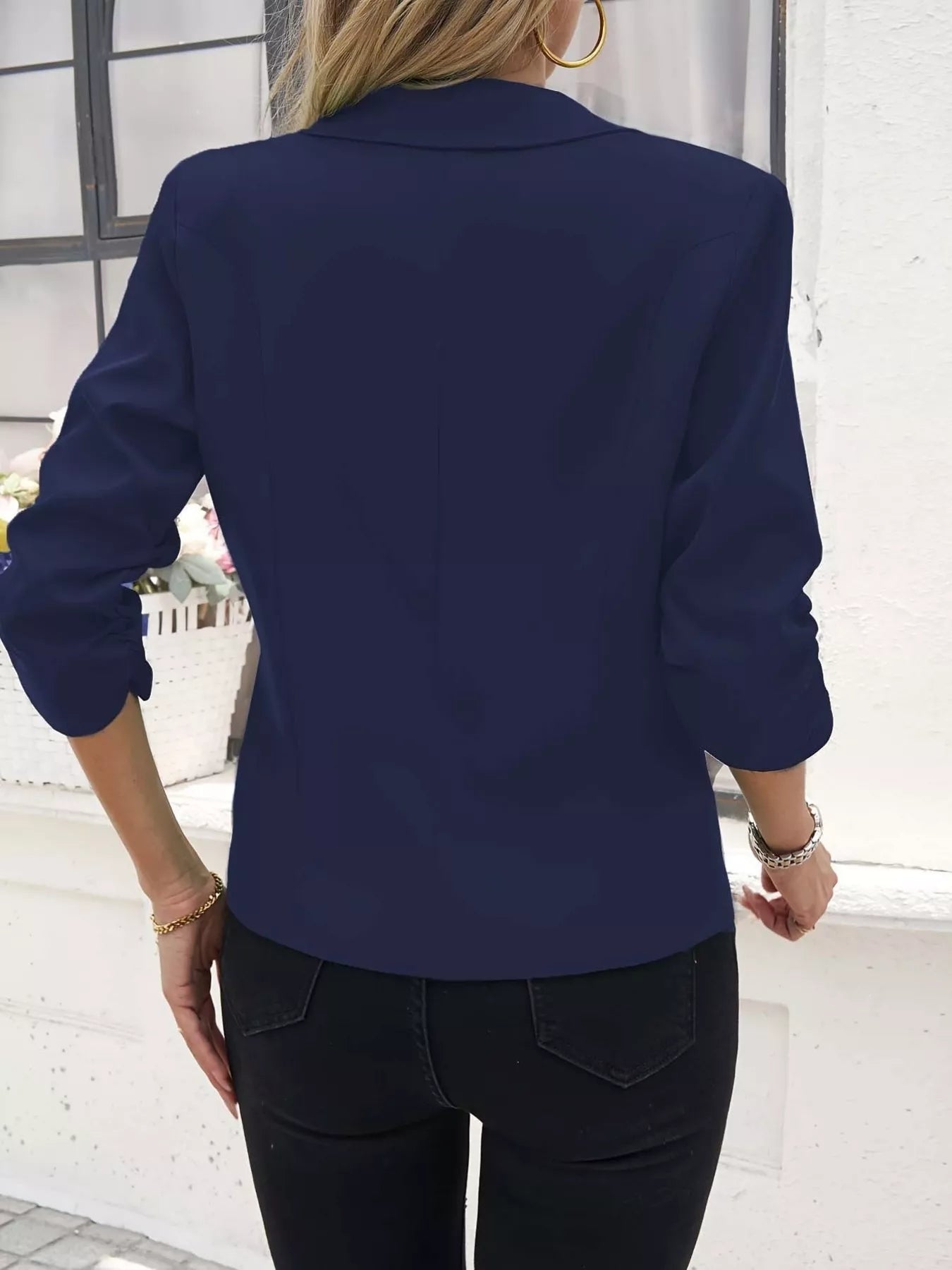 Plus Size Lapel Collar Blazer | Ruched Sleeve Jacket