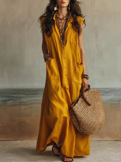 Sleeveless Button-Down Linen Maxi Dress