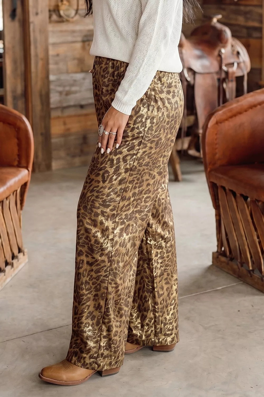 Multicolour Leopard Print Western Style Wide Leg Full Length Pants