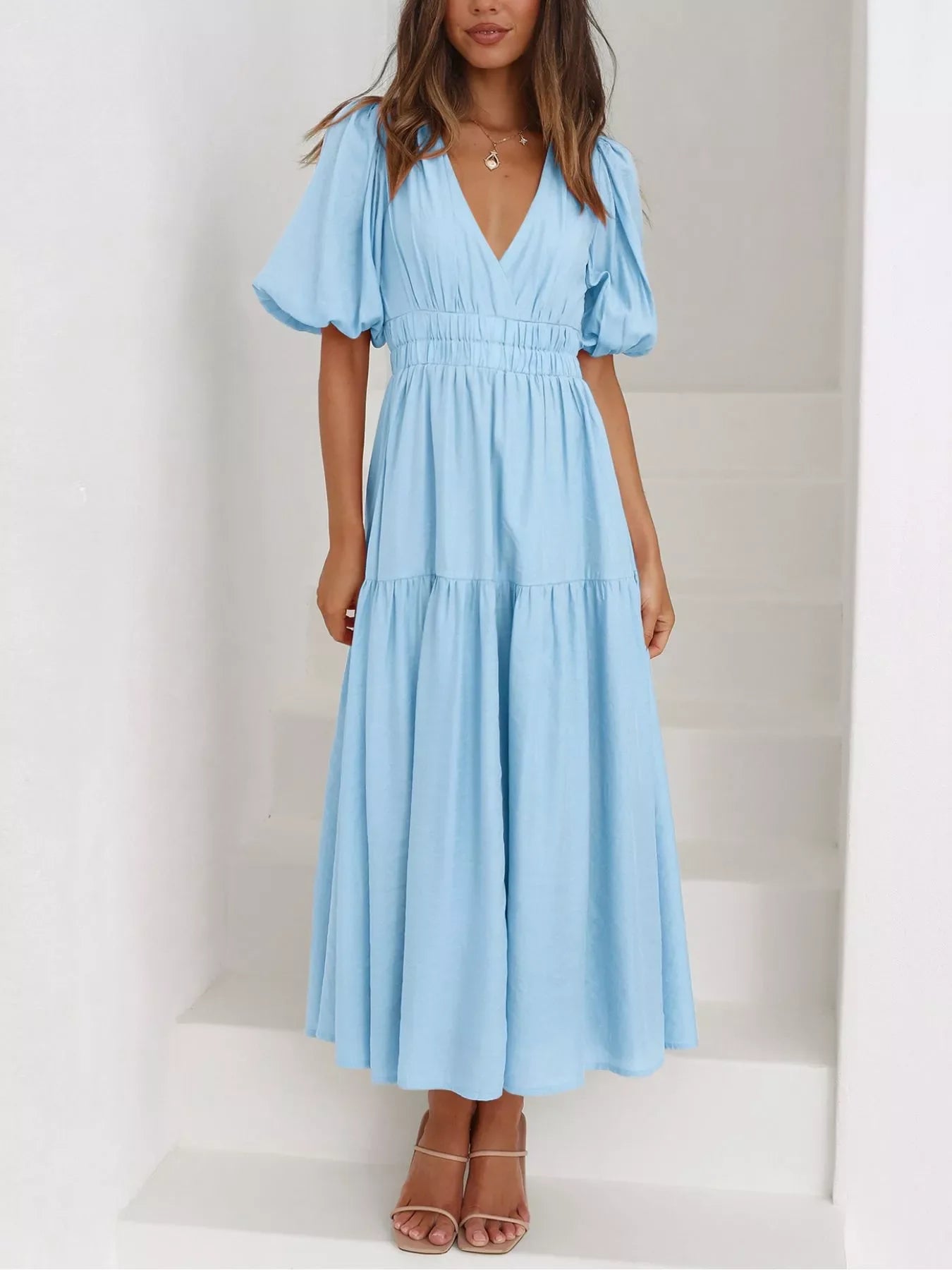 Elegant Puff Sleeve V-Neck Midi Dress