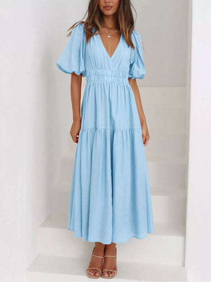 Elegant Puff Sleeve V-Neck Midi Dress