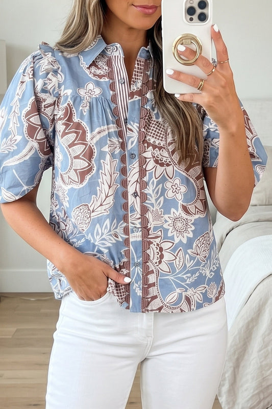 Sky Blue Boho Floral Print Scalloped Trim Button Down Short Sleeve Shirt