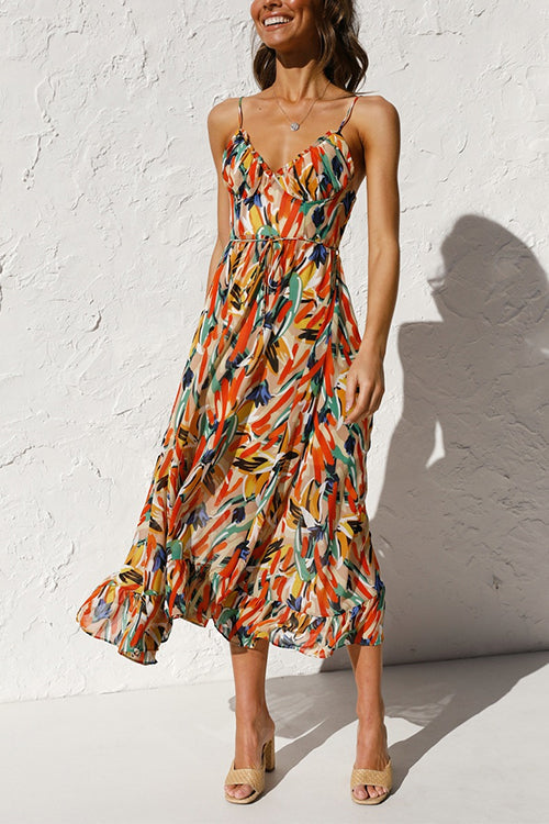 V Neck Tie Waist Abstract Print Midi Cami Dress Orange